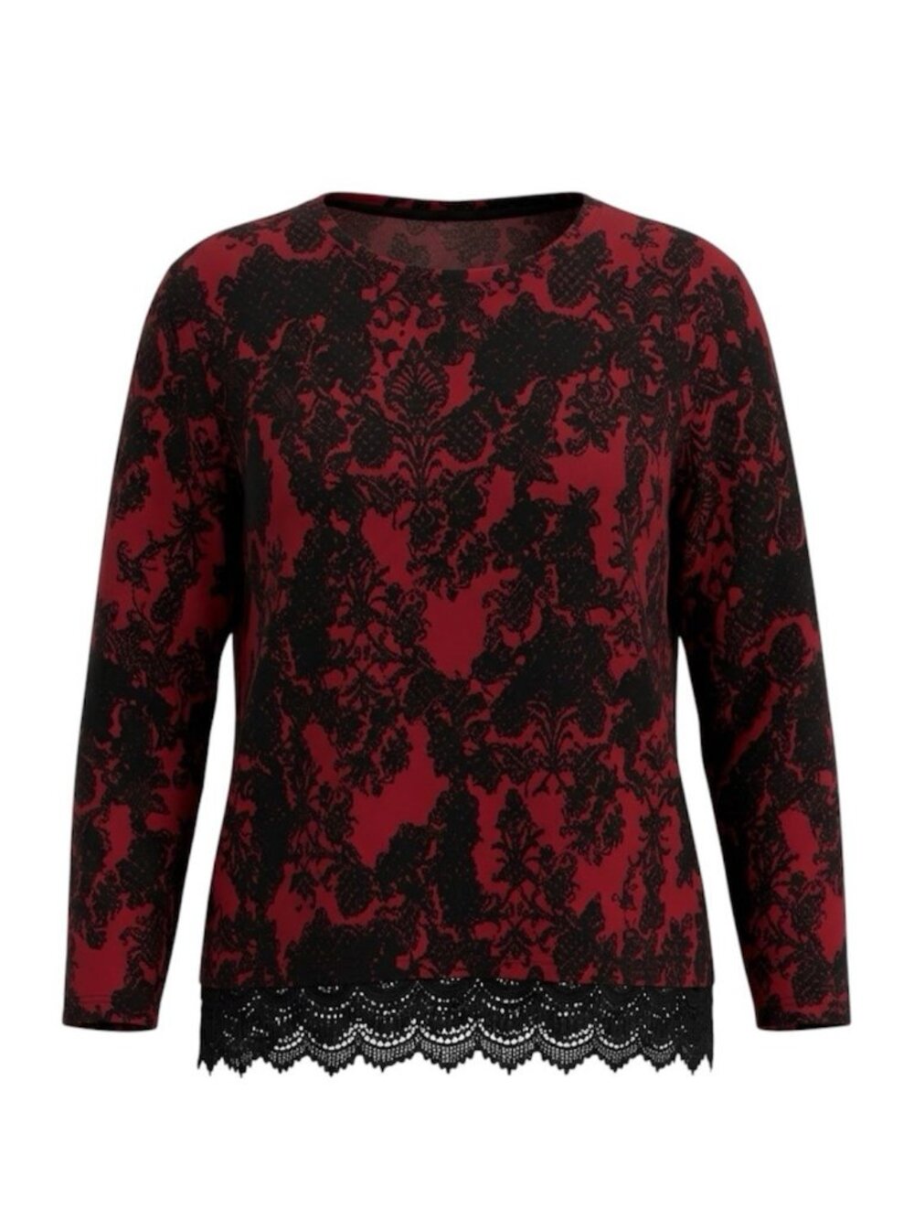 Westbound Petites Tunic Top PXL Red Black Damask Knit Lace Trim Hem Blouse